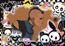 a cartoon drawing of a man with a mohawk surrounded by skulls and rabbits with the word ke on the top left