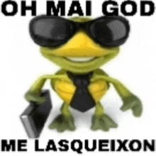 a cartoon frog wearing sunglasses and a tie is holding a book .