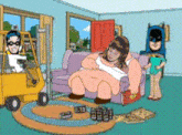 a cartoon of a fat woman sitting on a couch with robin and batman