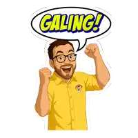 a man in a yellow shirt with a speech bubble that says " galing "