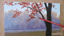 a painting of a tree with red leaves is made by animatica