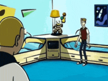 a cartoon of a man standing in a room with two beds
