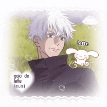 a picture of a boy with white hair and the words gojo de latte on it