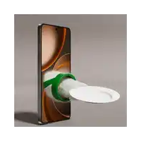 a phone with a plate coming out of it 's screen