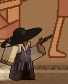 a cartoon character is holding a gun in front of a painting .