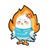 a cartoon bird wearing a sky-line shirt with a fire behind it