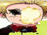 a cartoon of a boy with a piece of food in his nose .