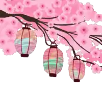 three lanterns hang from a cherry blossom tree branch
