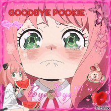 a girl with pink hair is crying while eating watermelon