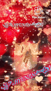 a woman in a white dress is sitting on a swing with the name hyunjin below her