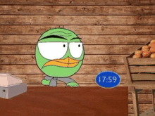 a cartoon character sits at a table with a sign that says 17:59 on it