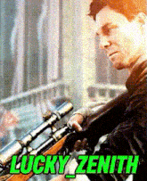 a man holding a sniper rifle with the name lucky zenith written above him