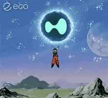 a cartoon character is flying through the air holding a sphere that says eco