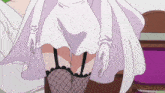 a woman in a white dress and fishnet stockings is standing on a bed