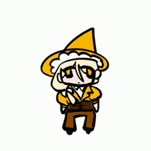 a cartoon drawing of a person wearing a yellow hat and pants .
