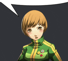 a girl with short hair and a green and yellow jacket has a speech bubble above her head