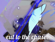 a purple background with a blue shark and the words cut to the chase on it