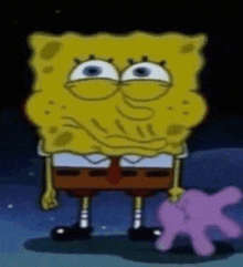 spongebob is standing next to a purple teddy bear .