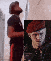 a man wearing a red beret is standing next to a picture of another man