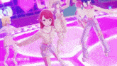 a group of anime girls are dancing together on a stage .