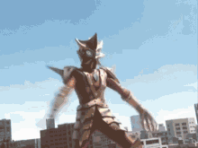 a cartoon character is standing in front of a cityscape