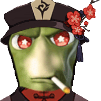 a green face with red eyes is wearing a hat with flowers on it and smoking a cigarette .