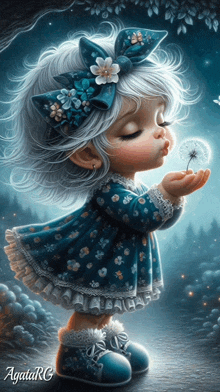 a painting of a little girl blowing a dandelion with the name agatarg on the bottom