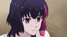 a girl with purple hair and pink eyes holds a lollipop in her hand