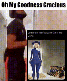 a man in a black shirt is standing next to a picture of a woman in a blue suit .