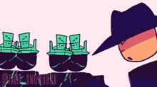 a cartoon of a man standing in front of a row of pots