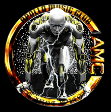 a logo for apollo music club with a robot