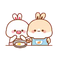 a couple of cartoon rabbits are standing next to each other and one is holding a pan .