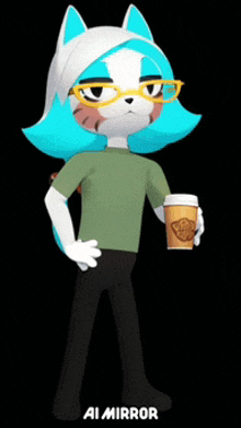 a cartoon character holding a cup of coffee with ai mirror written below it