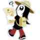 a cartoon character wearing a hat and carrying a backpack is walking with a map .