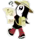 a cartoon character wearing a hat and carrying a backpack is walking with a map .