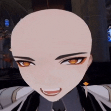 a close up of a bald anime character 's face with a smile on his face .
