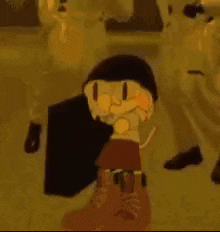 a cartoon character is standing next to a coffin in a desert .