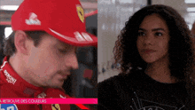 a man wearing a red hat with the number 38 on it is next to a woman