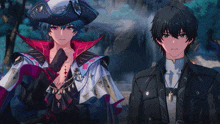 a man in a pirate hat stands next to another man in a black jacket
