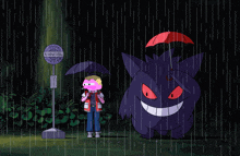 a cartoon character holding an umbrella next to a purple monster with a sign that says ' tokyo ' on it