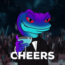 a blue and purple lizard in a tuxedo holding a martini glass with the words cheers written below it