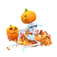 a skeleton with a pumpkin on his head is cutting a pumpkin