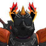 a cartoon character wearing a gas mask and sunglasses has a crown of flames on his head .