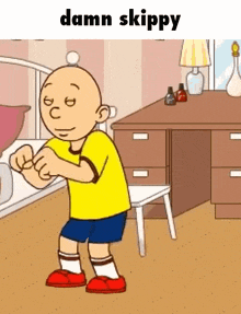a cartoon character is standing on a stool in a bedroom with the words `` damn skippy '' written above him .