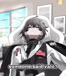 a cartoon character is sitting in a chair with the words someone said valo below him