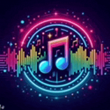 a neon sign of a music note in a circle with a sound wave in the background .