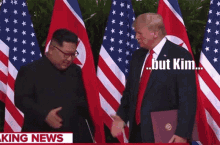 donald trump shakes hands with kim jong un in front of american flags and says " what u know about the lodge "