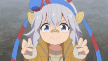 a cartoon character with a bandage on her nose giving the peace sign