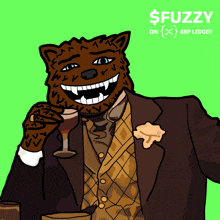 a cartoon of a man in a suit and tie with the words $ fuzzy on xrp ledger