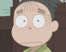 a close up of a cartoon character 's face with a surprised look on his face